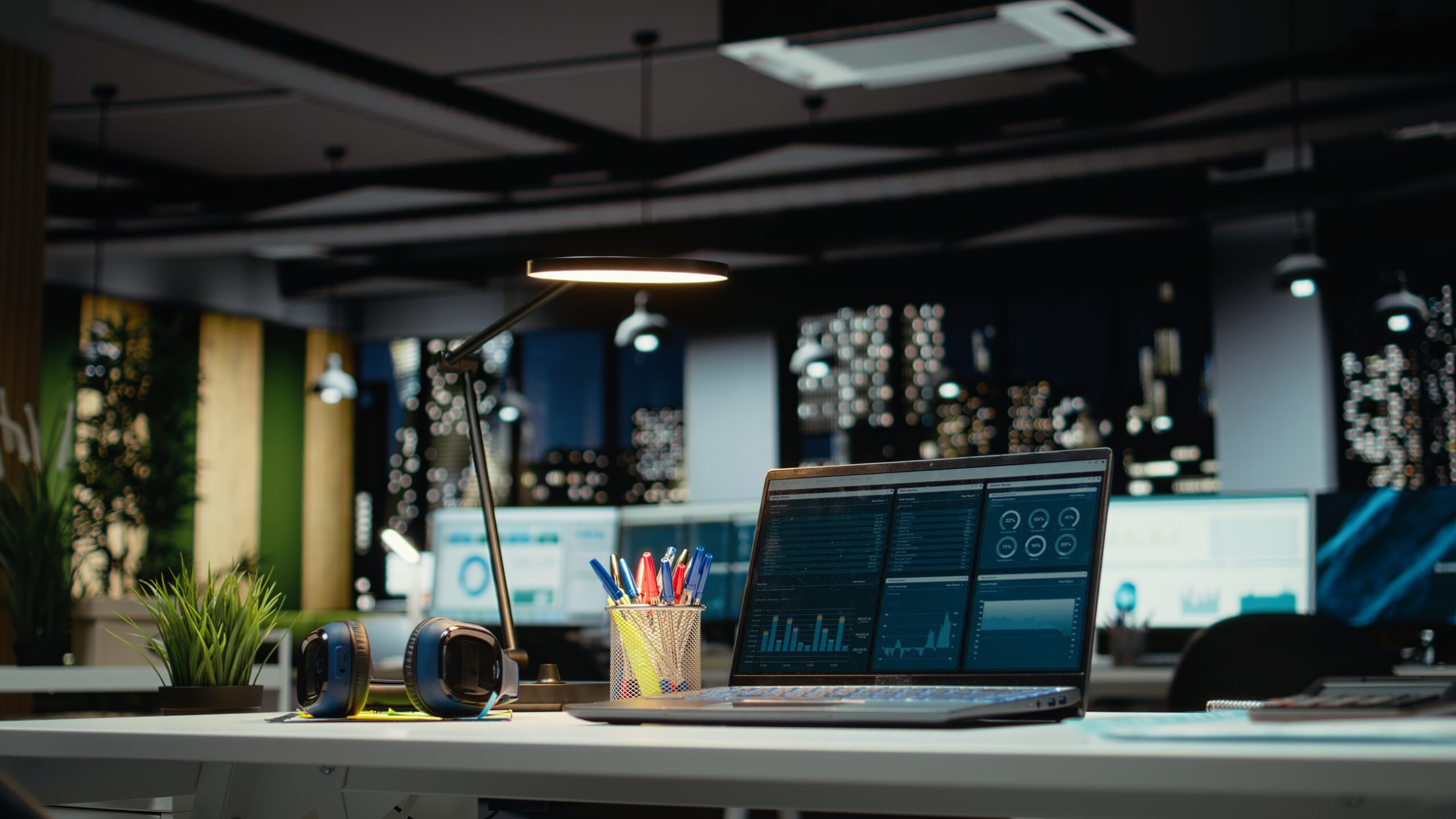 Luxurious Modern Office Space With Important Reports Laptop Empty Desk Showcasing Important Data Scaled